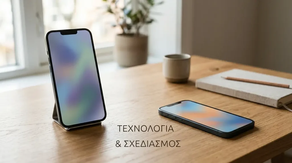 Δύο σύγχρονα κινητά τηλέφωνα σε ξύλινο γραφείο