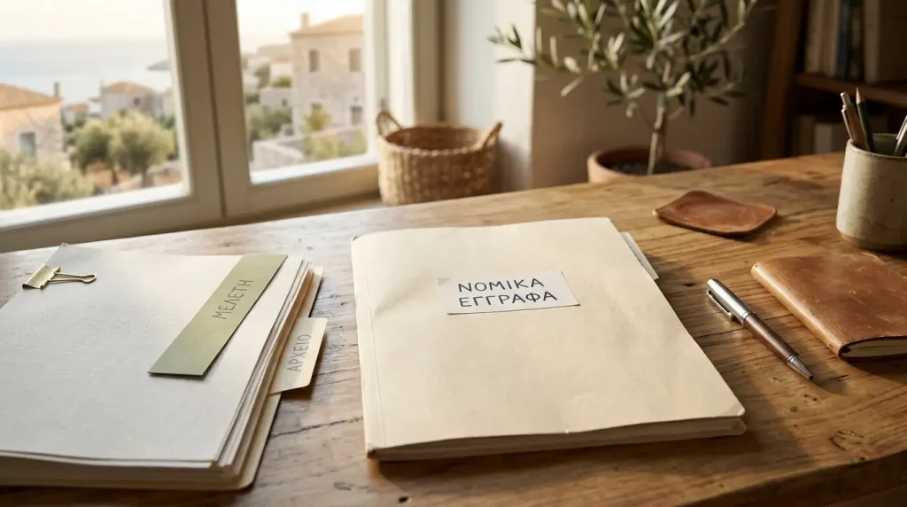 Φάκελος με έγγραφα, σημειώσεις και ένα στυλό πάνω σε γραφείο