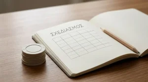 Σημειωματάριο με κενό πίνακα δίπλα σε μάρκες παιχνιδιού