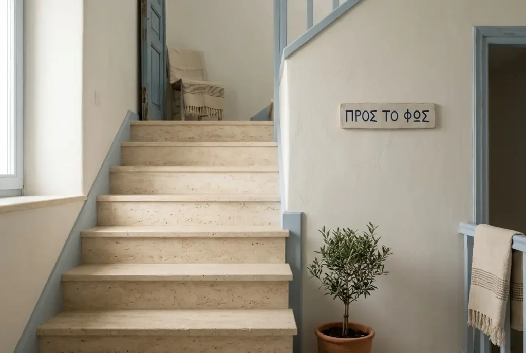 Έξι φαρδιά πέτρινα σκαλοπάτια δίπλα σε φωτεινό τοίχο